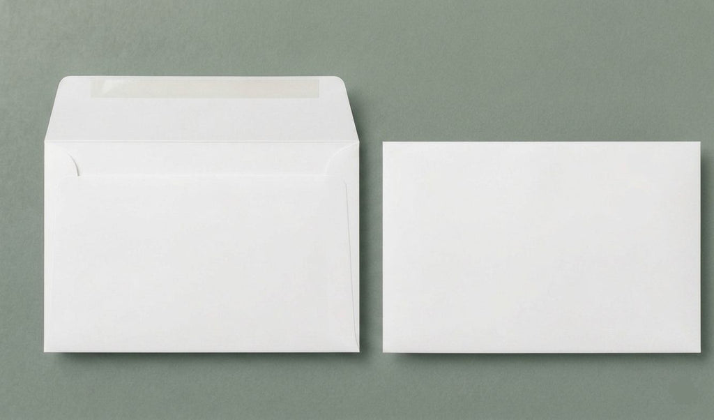 booklet envelope front view, white, opens on long edge