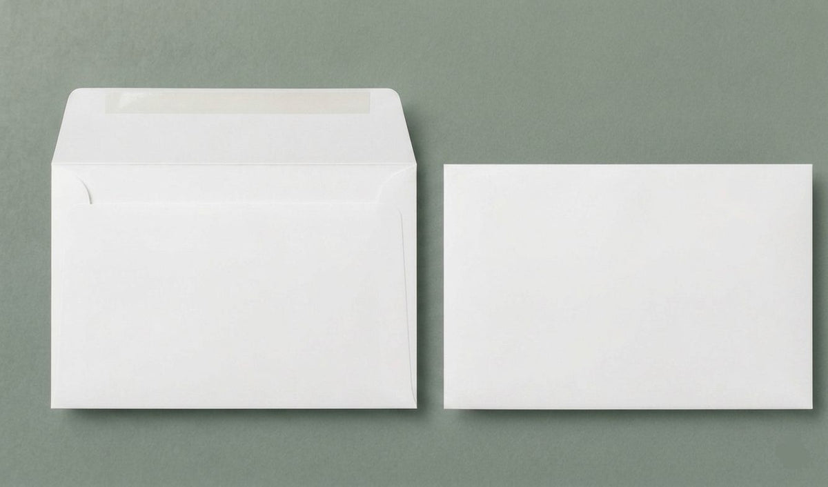 booklet envelope front view, white, opens on long edge